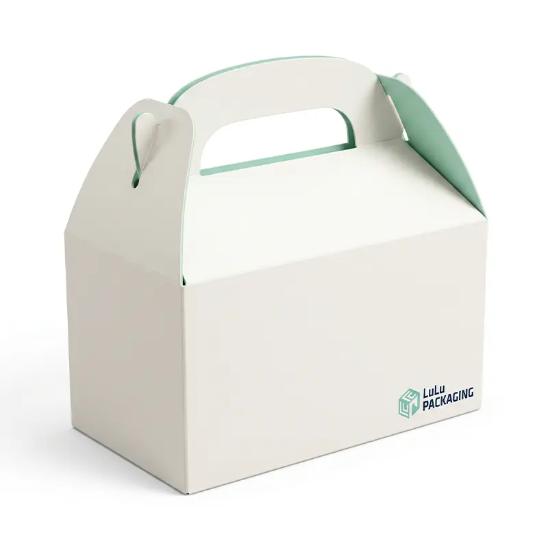 White die cut handle gable box with reinforced side locks for cosmetic gift packaging